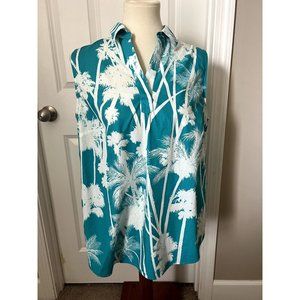 Chico's Sleeveless Aqua Palm tree Print Wrinkle Resistant Shirt - 2 (Large)